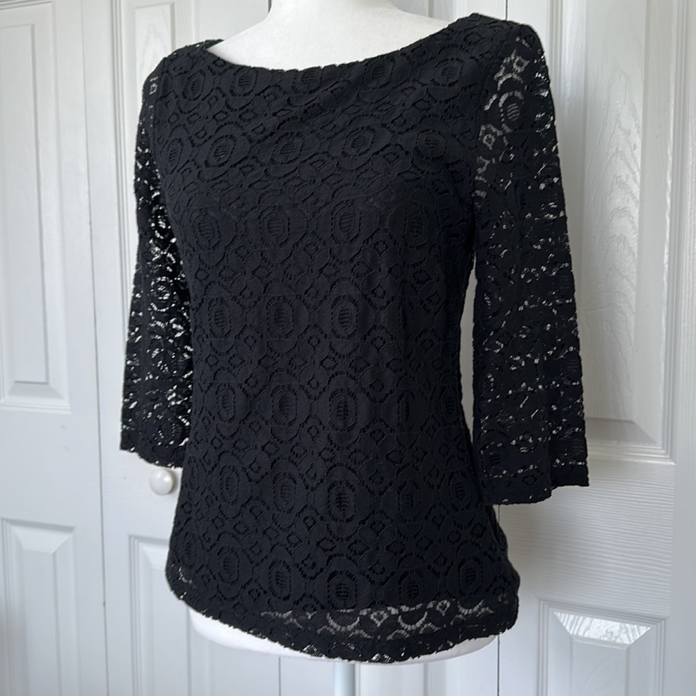 Banana Republic black lace layered, 3/4 sleeve top, zippered side, Size 6 - Picture 4 of 9